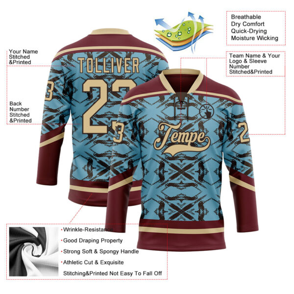 Custom Blue Vegas Gold Burgundy-Brown Tribal Indigenous Grunge Splash Hockey Lace Neck Jersey