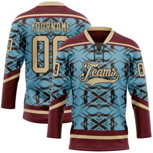 3DPattern11885 Custom Blue Vegas Gold Burgundy-Brown Tribal Indigenous Grunge Splash Hockey Lace Neck Jersey
