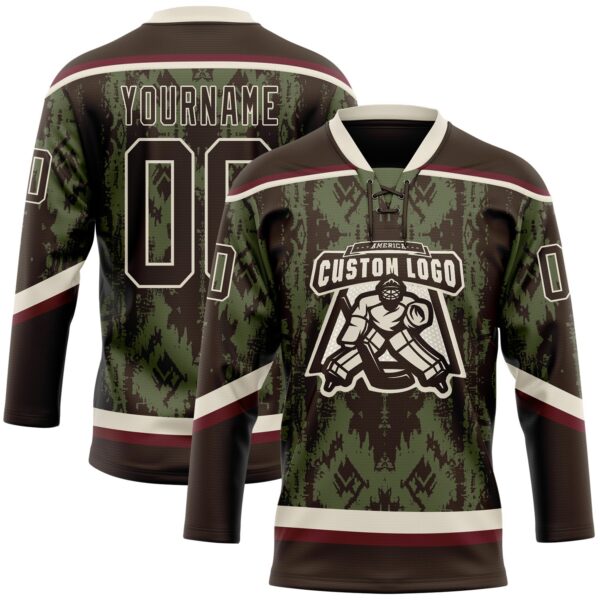 Custom Olive Brown Cream-Burgundy Tribal Indigenous Grunge Splash Hockey Lace Neck Jersey