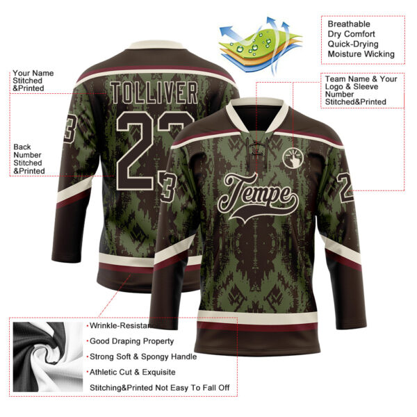 Custom Olive Brown Cream-Burgundy Tribal Indigenous Grunge Splash Hockey Lace Neck Jersey
