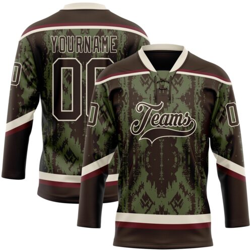 3DPattern11886 Custom Olive Brown Cream-Burgundy Tribal Indigenous Grunge Splash Hockey Lace Neck Jersey