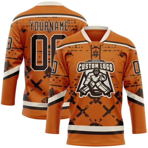 Custom Texas Orange Brown-Cream Tribal Indigenous Grunge Splash Hockey Lace Neck Jersey