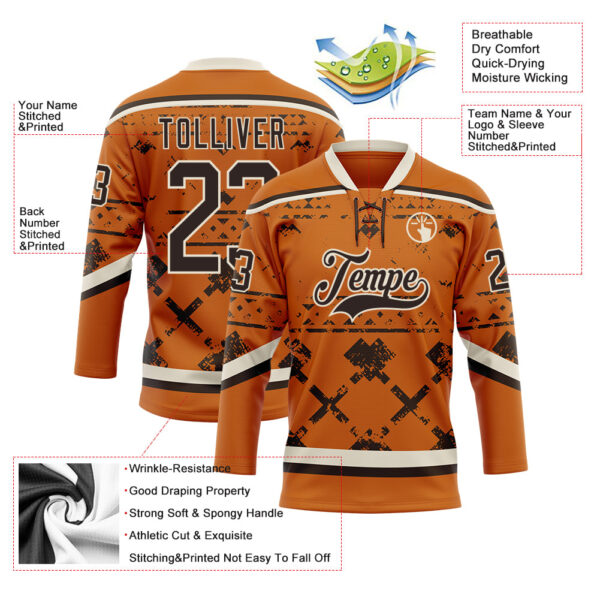 Custom Texas Orange Brown-Cream Tribal Indigenous Grunge Splash Hockey Lace Neck Jersey