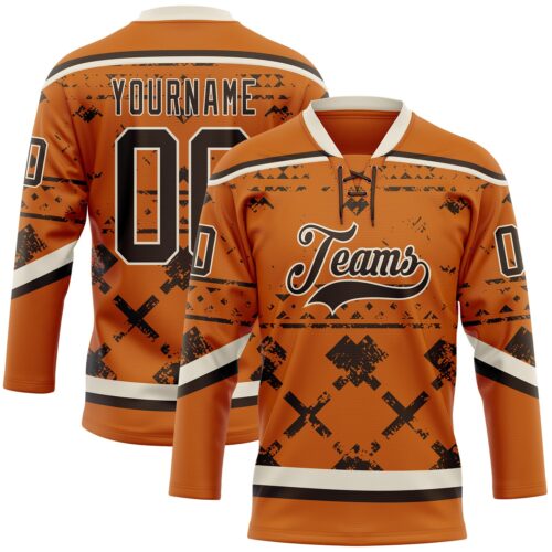 Custom Texas Orange Brown-Cream Tribal Indigenous Grunge Splash Hockey Lace Neck Jersey