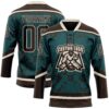 Custom Midnight Green Brown-Cream Tribal Indigenous Grunge Splash Hockey Lace Neck Jersey