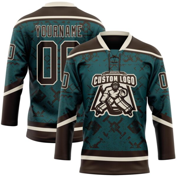 Custom Midnight Green Brown-Cream Tribal Indigenous Grunge Splash Hockey Lace Neck Jersey