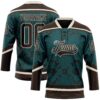 Custom Midnight Green Brown-Cream Tribal Indigenous Grunge Splash Hockey Lace Neck Jersey