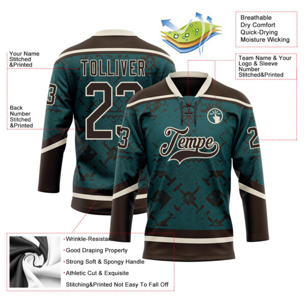Custom Midnight Green Brown-Cream Tribal Indigenous Grunge Splash Hockey Lace Neck Jersey