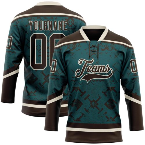 3DPattern11888 Custom Midnight Green Brown-Cream Tribal Indigenous Grunge Splash Hockey Lace Neck Jersey