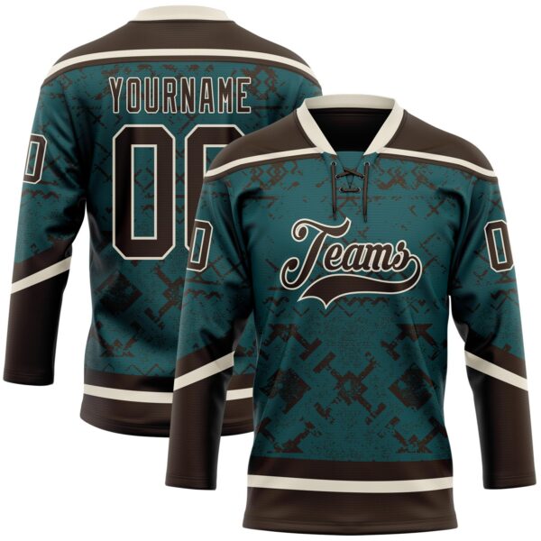 Custom Midnight Green Brown-Cream Tribal Indigenous Grunge Splash Hockey Lace Neck Jersey