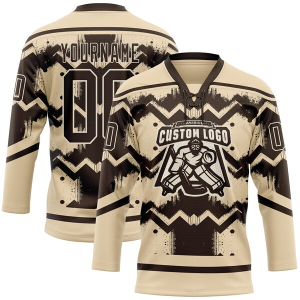 Custom City Cream Brown-Cream Tribal Indigenous Grunge Geometric Splash Hockey Lace Neck Jersey