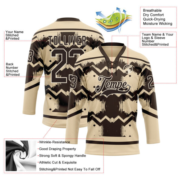 Custom City Cream Brown-Cream Tribal Indigenous Grunge Geometric Splash Hockey Lace Neck Jersey