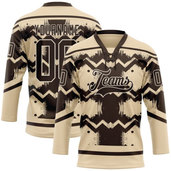 Custom City Cream Brown-Cream Tribal Indigenous Grunge Geometric Splash Hockey Lace Neck Jersey