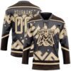 Custom Steel Gray City Cream-Brown Tribal Indigenous Grunge Geometric Splash Hockey Lace Neck Jersey