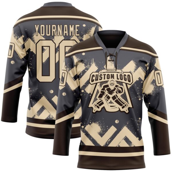 Custom Steel Gray City Cream-Brown Tribal Indigenous Grunge Geometric Splash Hockey Lace Neck Jersey