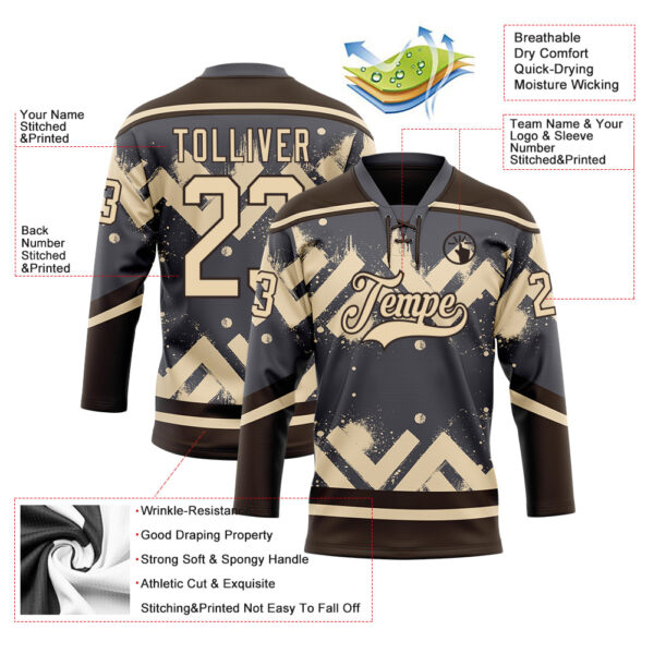 Custom Steel Gray City Cream-Brown Tribal Indigenous Grunge Geometric Splash Hockey Lace Neck Jersey