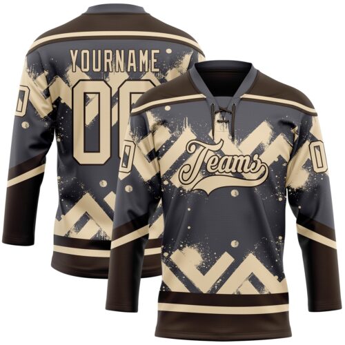 Custom Steel Gray City Cream-Brown Tribal Indigenous Grunge Geometric Splash Hockey Lace Neck Jersey