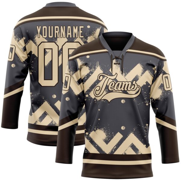 Custom Steel Gray City Cream-Brown Tribal Indigenous Grunge Geometric Splash Hockey Lace Neck Jersey