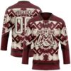 Custom Burgundy Cream-Brown Tribal Indigenous Grunge Geometric Splash Hockey Lace Neck Jersey