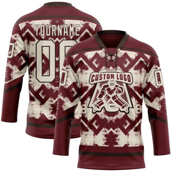 Custom Burgundy Cream-Brown Tribal Indigenous Grunge Geometric Splash Hockey Lace Neck Jersey
