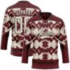 Custom Burgundy Cream-Brown Tribal Indigenous Grunge Geometric Splash Hockey Lace Neck Jersey