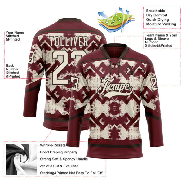 Custom Burgundy Cream-Brown Tribal Indigenous Grunge Geometric Splash Hockey Lace Neck Jersey