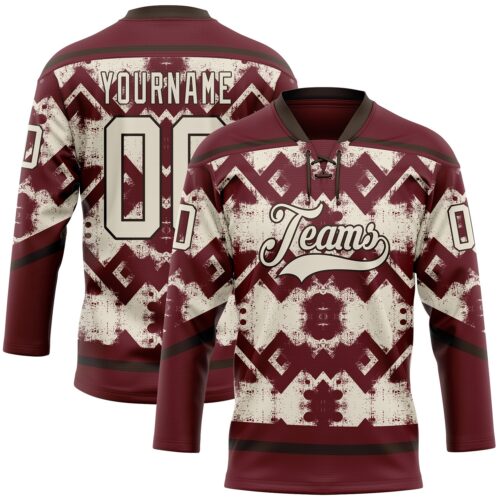 3DPattern11891 Custom Burgundy Cream-Brown Tribal Indigenous Grunge Geometric Splash Hockey Lace Neck Jersey