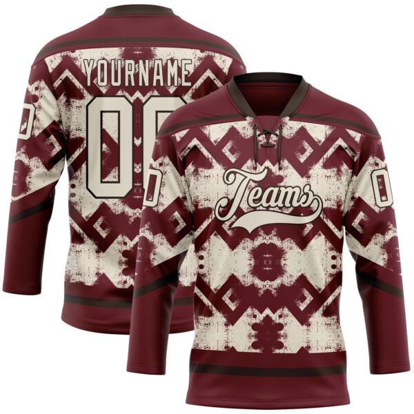 Custom Burgundy Cream-Brown Tribal Indigenous Grunge Geometric Splash Hockey Lace Neck Jersey