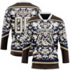 Custom Navy Cream Brown-Vegas Gold Tribal Indigenous Grunge Floral Splash Hockey Lace Neck Jersey