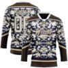 Custom Navy Cream Brown-Vegas Gold Tribal Indigenous Grunge Floral Splash Hockey Lace Neck Jersey