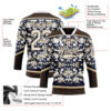 Custom Navy Cream Brown-Vegas Gold Tribal Indigenous Grunge Floral Splash Hockey Lace Neck Jersey
