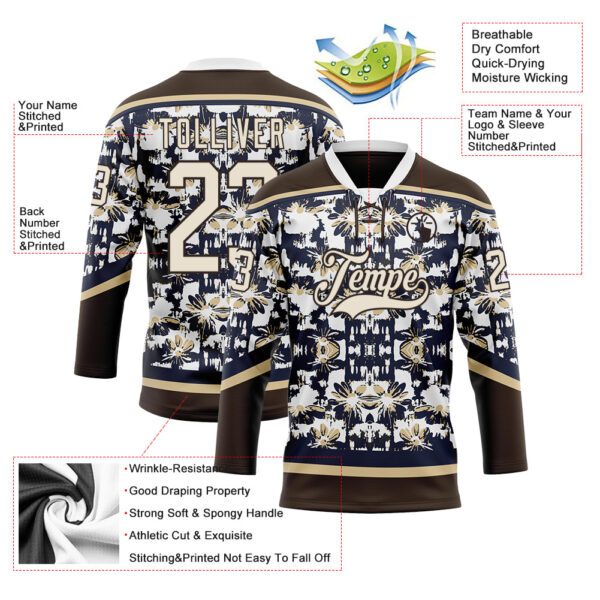 Custom Navy Cream Brown-Vegas Gold Tribal Indigenous Grunge Floral Splash Hockey Lace Neck Jersey
