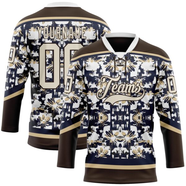 Custom Navy Cream Brown-Vegas Gold Tribal Indigenous Grunge Floral Splash Hockey Lace Neck Jersey