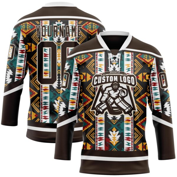 Custom Brown Yellow Green Red-Cream Tribal Indigenous Grunge Geometric Splash Hockey Lace Neck Jersey