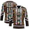 Custom Brown Yellow Green Red-Cream Tribal Indigenous Grunge Geometric Splash Hockey Lace Neck Jersey