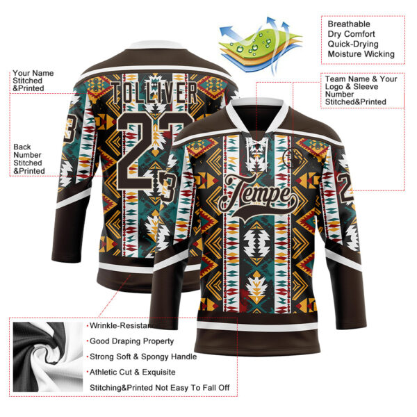 Custom Brown Yellow Green Red-Cream Tribal Indigenous Grunge Geometric Splash Hockey Lace Neck Jersey