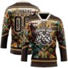 Custom Brown Old Gold-Cream Tribal Indigenous Grunge Geometric Splash Hockey Lace Neck Jersey