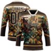 Custom Brown Old Gold-Cream Tribal Indigenous Grunge Geometric Splash Hockey Lace Neck Jersey