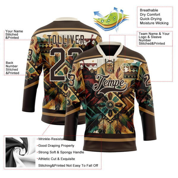 Custom Brown Old Gold-Cream Tribal Indigenous Grunge Geometric Splash Hockey Lace Neck Jersey