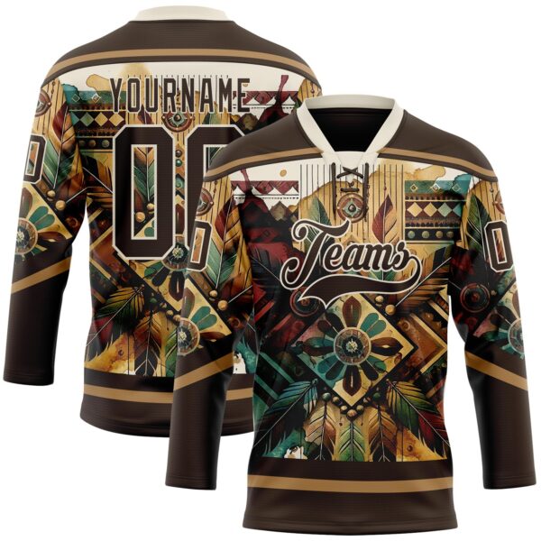 Custom Brown Old Gold-Cream Tribal Indigenous Grunge Geometric Splash Hockey Lace Neck Jersey