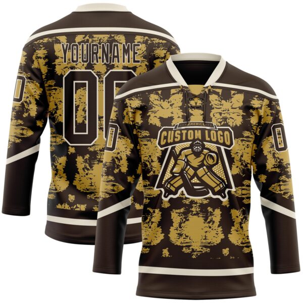 Custom Brown Old Gold-Cream Tribal Indigenous Grunge Splash Hockey Lace Neck Jersey