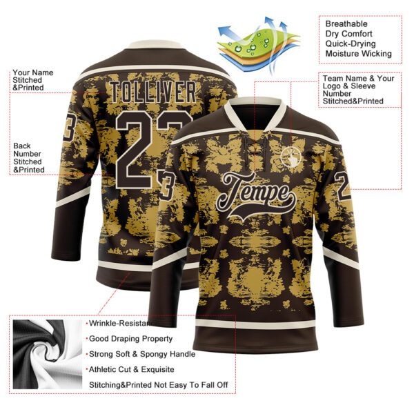 Custom Brown Old Gold-Cream Tribal Indigenous Grunge Splash Hockey Lace Neck Jersey