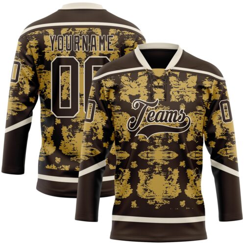 3DPattern11895 Custom Brown Old Gold-Cream Tribal Indigenous Grunge Splash Hockey Lace Neck Jersey