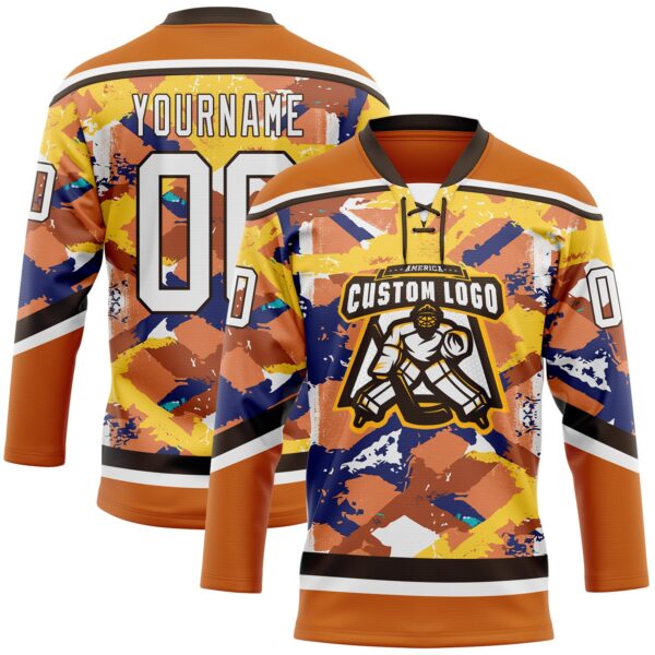 Custom Texas Orange White Yellow Blue-Brown Tribal Indigenous Grunge Splash Hockey Lace Neck Jersey