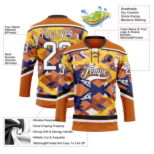 Custom Texas Orange White Yellow Blue-Brown Tribal Indigenous Grunge Splash Hockey Lace Neck Jersey