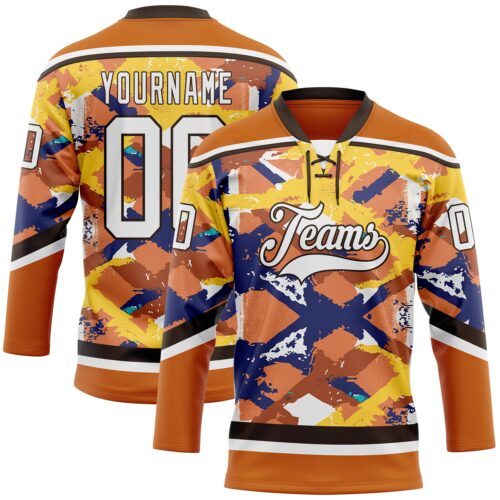 Custom Texas Orange White Yellow Blue-Brown Tribal Indigenous Grunge Splash Hockey Lace Neck Jersey