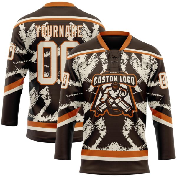 Custom Brown Cream-Texas Orange Tribal Indigenous Grunge Splash Hockey Lace Neck Jersey