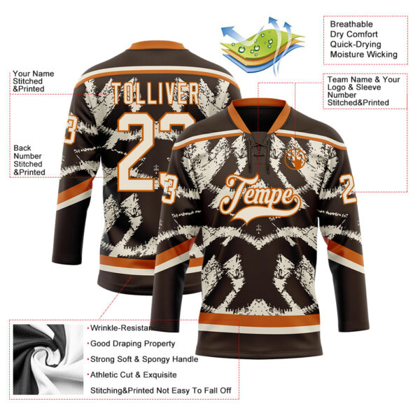 Custom Brown Cream-Texas Orange Tribal Indigenous Grunge Splash Hockey Lace Neck Jersey