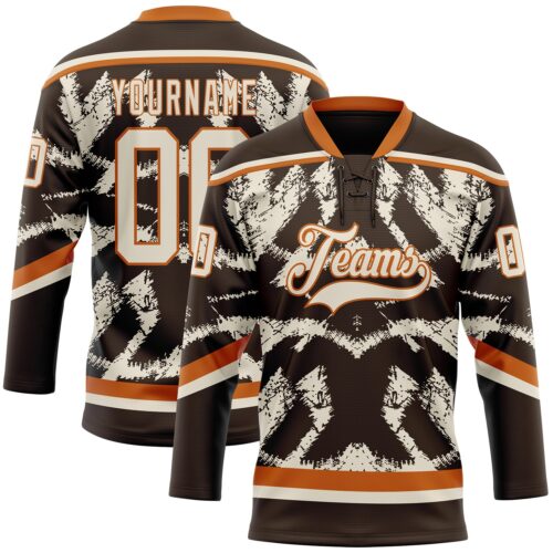 3DPattern11897 Custom Brown Cream-Texas Orange Tribal Indigenous Grunge Splash Hockey Lace Neck Jersey