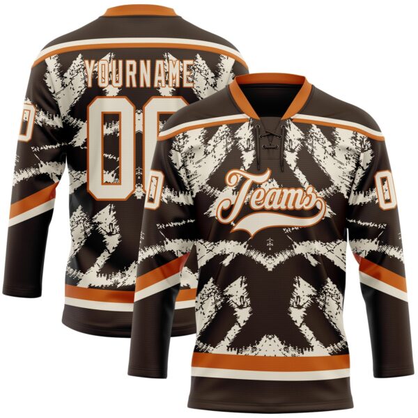 Custom Brown Cream-Texas Orange Tribal Indigenous Grunge Splash Hockey Lace Neck Jersey